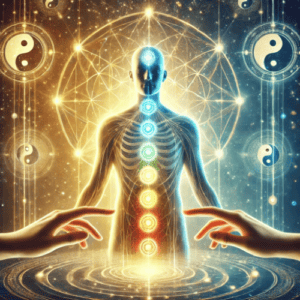 Person receiving Reiki Balance for Total Alignment with glowing chakras and flowing energy to represent remote healing and energetic harmony.