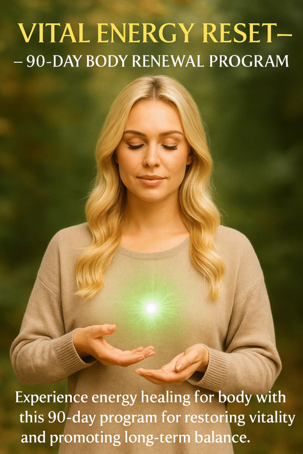 Blonde woman holding glowing energy sphere in hands, representing Vital Energy Reset – 90-Day Body Renewal Program, with serene natural background and promotional text overlay.