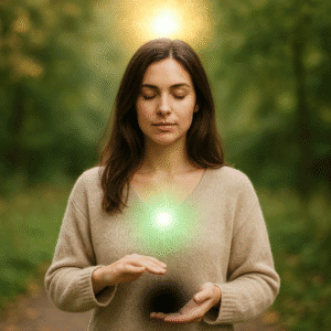 Woman performing void energy healing for physical recovery in nature, with glowing light and dark energy spheres